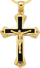 Load image into Gallery viewer, 14k Yellow Gold 1.4&quot; Layered Black Enamel Jesus Crucifix Cross Charm Pendant with optional Adjustable Chain Necklace

