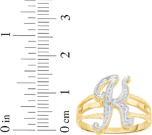 Load image into Gallery viewer, 10k Two-Tone Yellow Gold and White Gold 15mm Personalized A-Z Initial Cursive Letter Ring, Sizes 3 - 10
