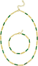 Load image into Gallery viewer, 14k Yellow Gold Malachite Gemstone Rectangle Links Chain 18 Inch Necklace &amp; 7.5 Inch Bracelet Set with Extenders

