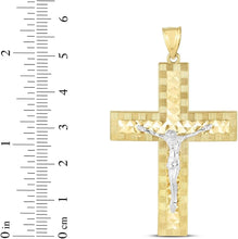 Load image into Gallery viewer, 14k Yellow Gold 1.9&quot; Diamond Cut &amp; Textured Jesus Crucifix Two-Tone Cross Charm Pendant with optional Adjustable Chain Necklace
