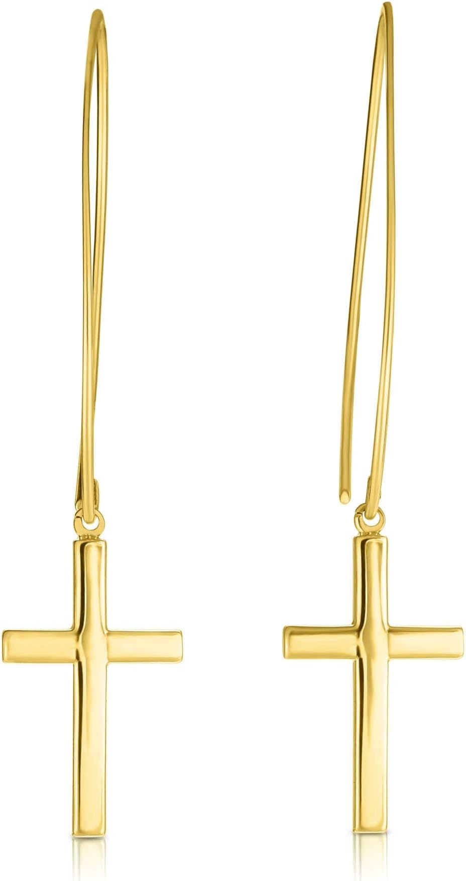 14k Yellow Gold 51mm Polished Small Cross Thread Through Drop Earrings