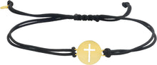 Load image into Gallery viewer, 14k Yellow Gold 10.5mm Disc Cross &amp; Cord Adjustable Friendship Charm Bracelet, 9.25 Inch
