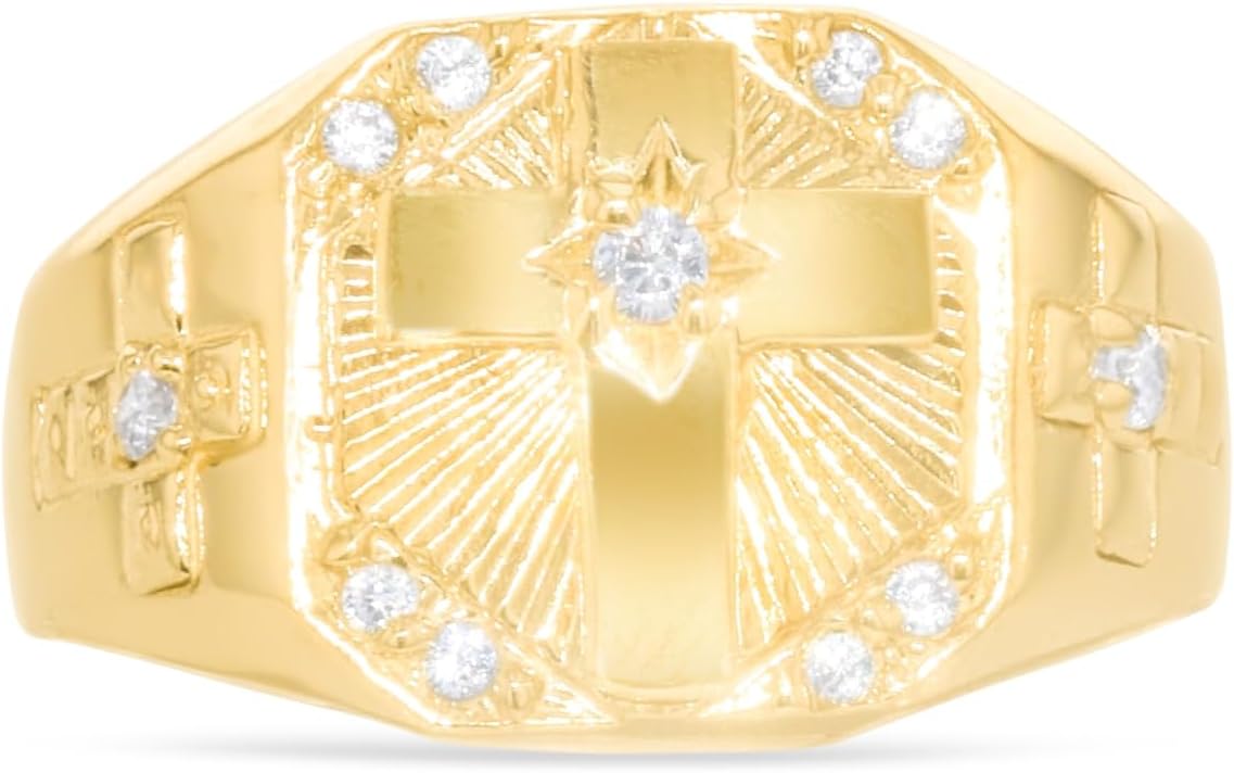10k Yellow Gold 12.3mm Cross Hexagon CZ Ring, Sizes 4-12