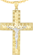 Load image into Gallery viewer, 14k Yellow Gold 1.9&quot; Diamond Cut &amp; Textured Jesus Crucifix Two-Tone Cross Charm Pendant with optional Adjustable Chain Necklace
