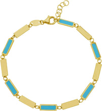 Load image into Gallery viewer, 14k Yellow Gold Turquoise Gemstone Rectangle Links Chain Bracelet, 7.5 Inch with 0.5” Extender
