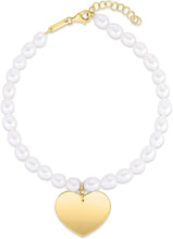 Load image into Gallery viewer, 14k Yellow Gold 20mm Pearl Heart Charm Customizable Engravable Disk Bracelet, 7.25" - 8 Inch
