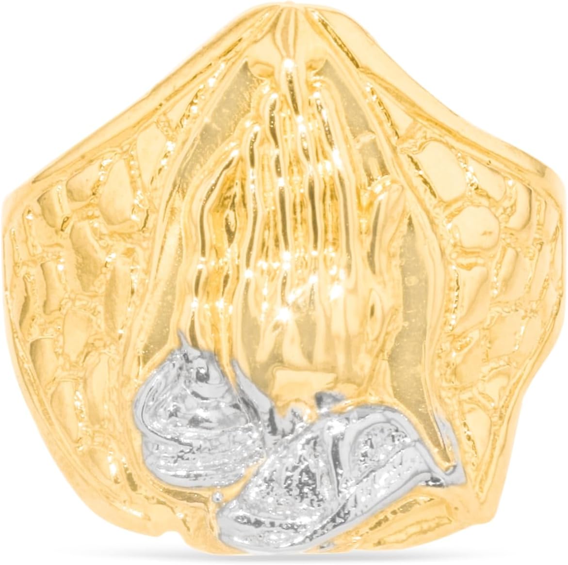 10k Yellow Gold 21.5mm Praying Hands Nugget Two-Tone Ring, Sizes 4-13