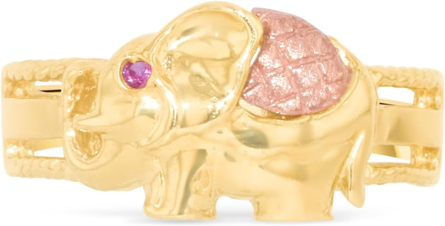 10k Yellow Gold 9mm Elephant Enamel Simulated Ruby Two-Tone Ring, Size 4 - 9