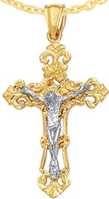 Load image into Gallery viewer, 14k Yellow Gold 1.3" Filigree Openwork INRI Jesus Crucifix Two-Tone Cross Charm Pendant with optional Adjustable Chain Necklace
