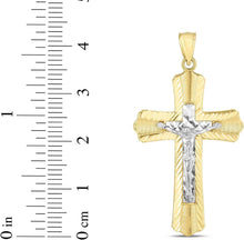 Load image into Gallery viewer, 14k Yellow Gold 1.4&quot; Diamond Cut &amp; Ribbed Jesus Crucifix Two-Tone Cross Charm Pendant with optional Adjustable Chain Necklace
