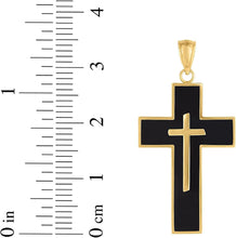 Load image into Gallery viewer, 14k Yellow Gold 1.1&quot; Nested Black Enamel Cross Charm Pendant with optional Adjustable Chain Necklace
