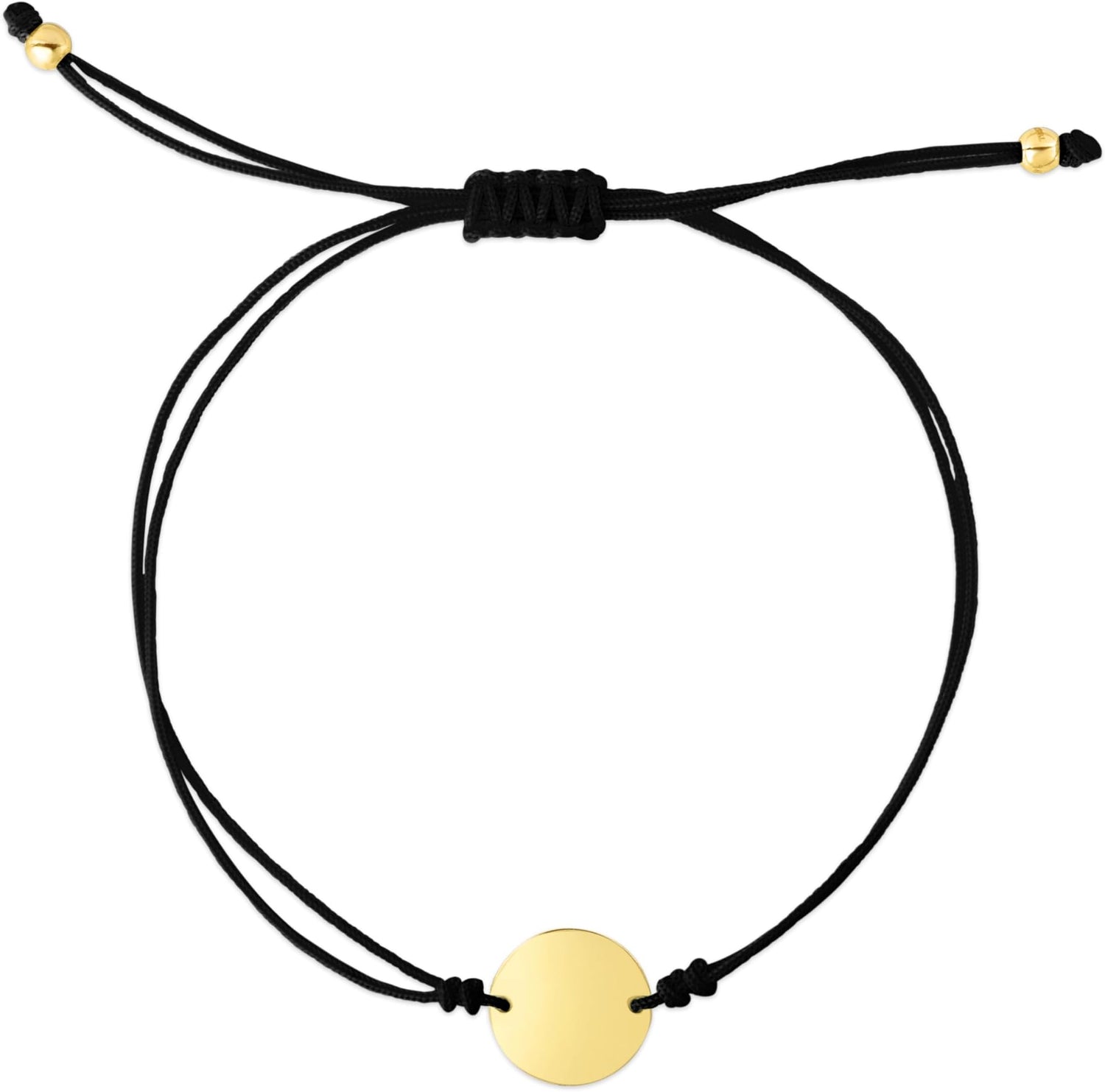 14k Yellow Gold Round Circle Tag Adjustable Cord Friendship Bolo Bracelet, Extendable 9.25 Inch (Engravable)