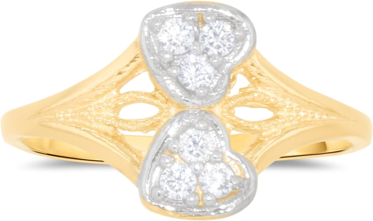 10k Yellow Gold 11mm CZ Double Curved Heart Stack Double Shank Two-Tone Ring, Sizes 4 - 9.5