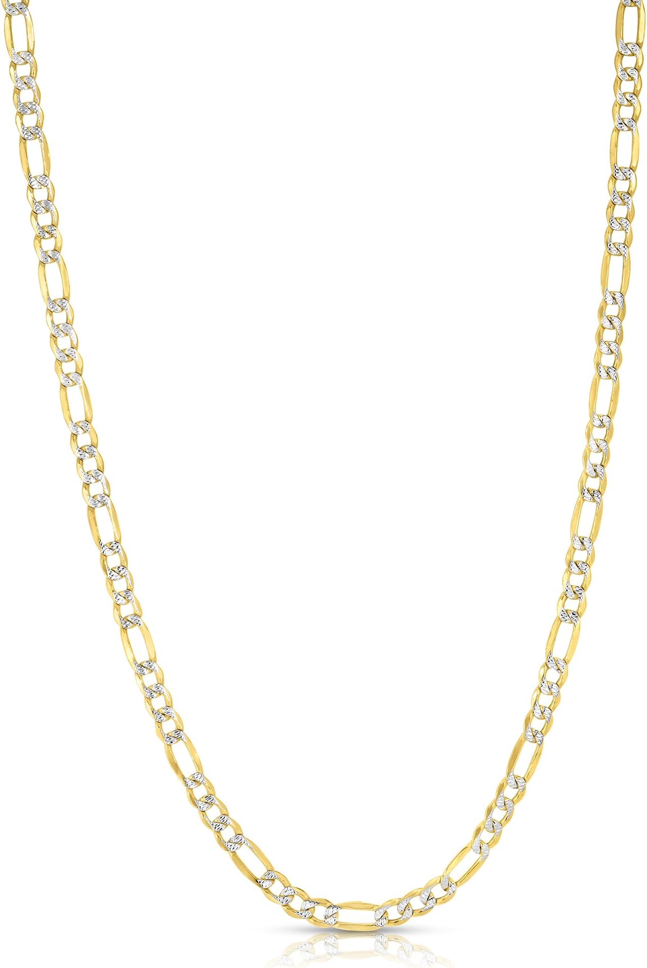 14k Yellow Gold and White Gold 3.8mm Solid Two-Tone Pave Figaro Chain Necklace