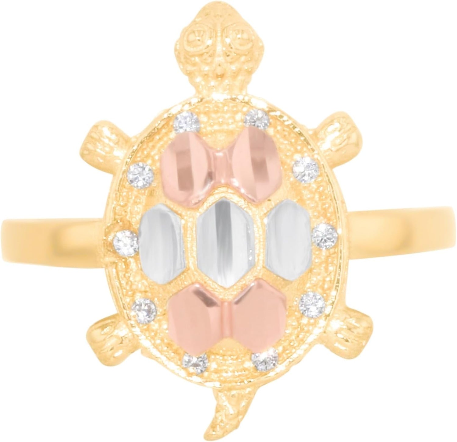 10k Yellow Gold 18mm CZ Turtle Tri-Tone Ring, Sizes 4 - 9.5