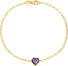 Load image into Gallery viewer, Floreo 14k Yellow Gold Paperclip Chain Heart Gemstone Bracelet 7 Inch
