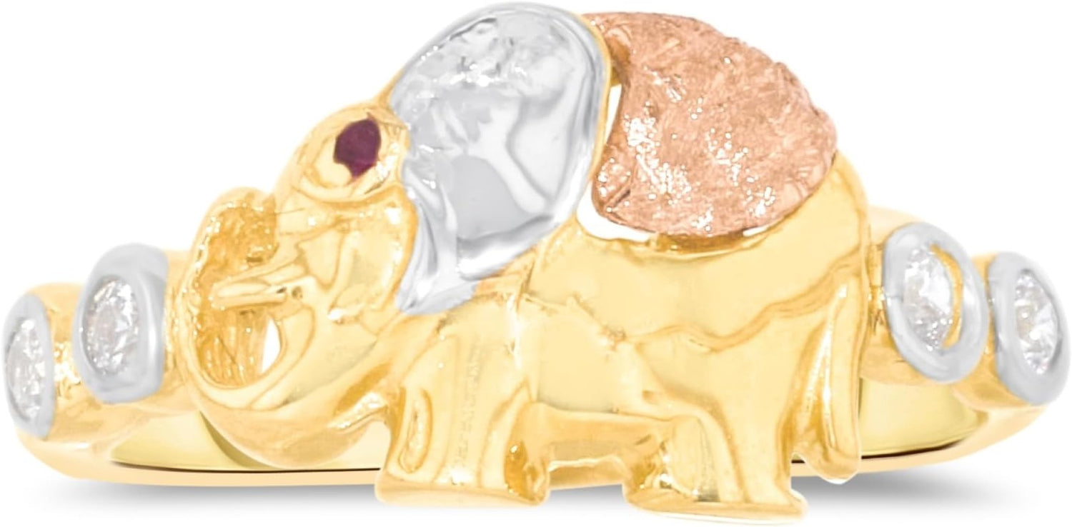 10k Yellow Gold 9mm CZ Elephant Simulated Ruby Tri-Tone Ring, Sizes 4 - 9.5