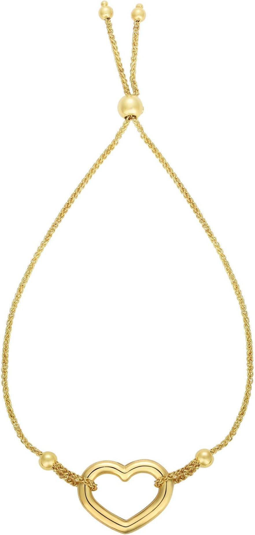 14k Yellow Gold Open Heart Charm Adjustable Wheat Link Friendship Bolo Bracelet, Extendable 9.25 Inch