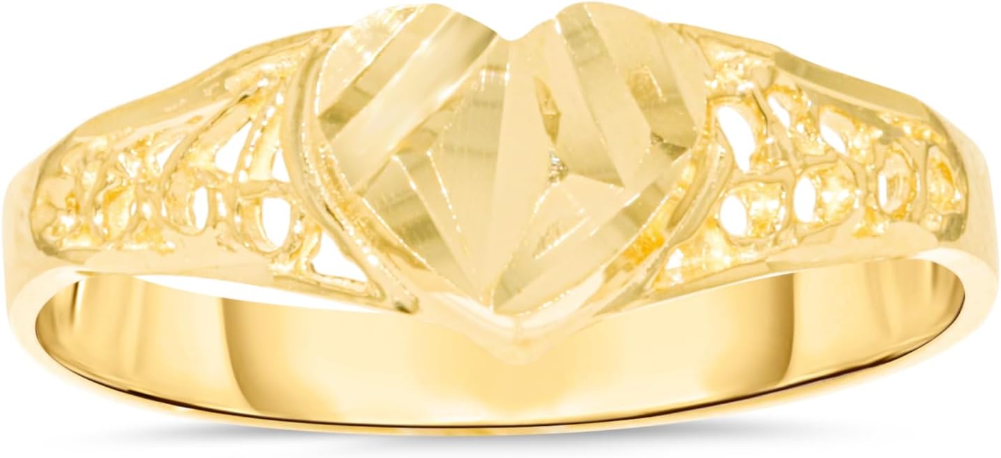 10k Yellow Gold 7.2mm Diamond Cut Elevated Openwork Heart Filigree Ring