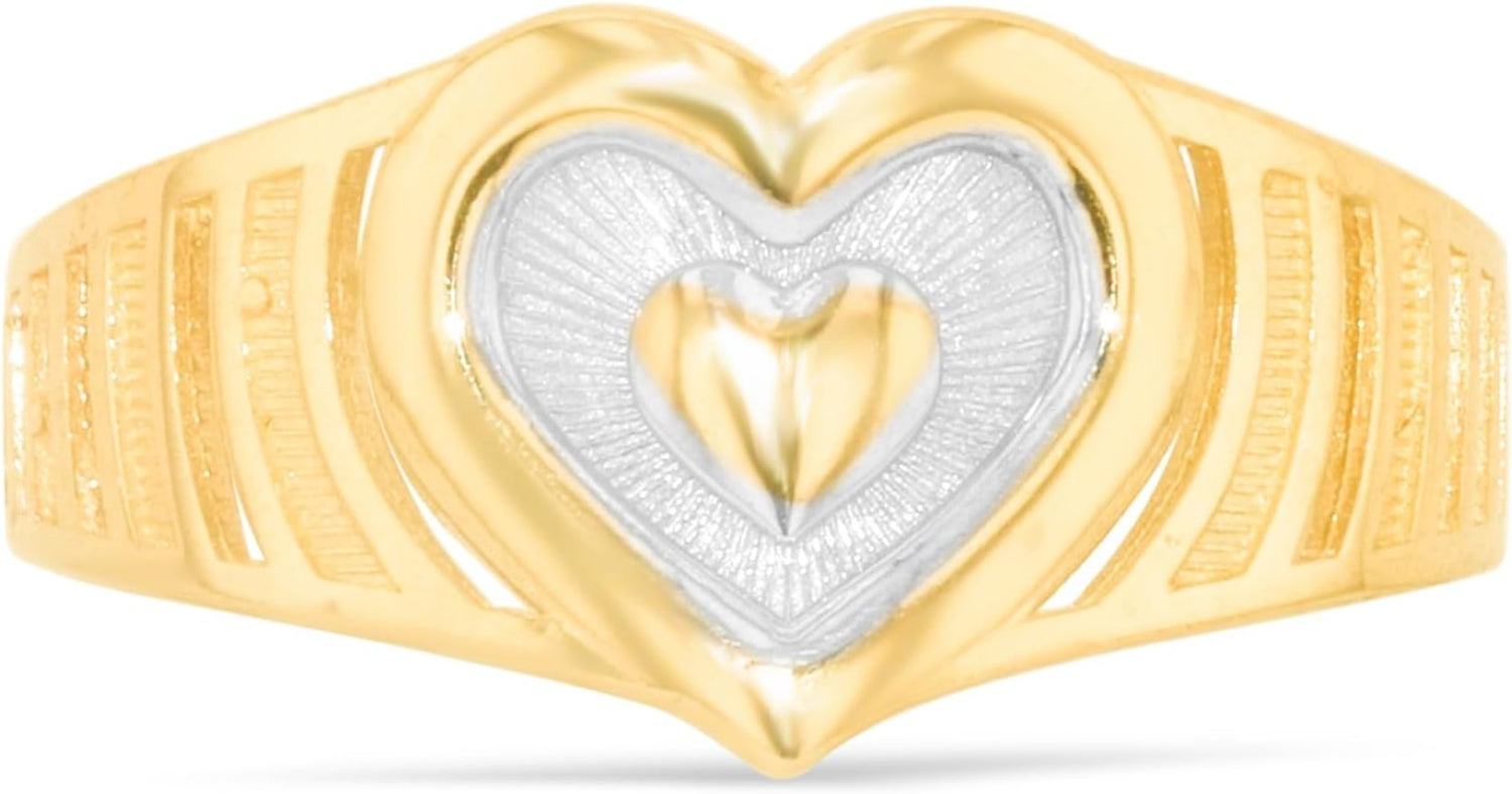 10k Yellow Gold 9mm Heart Openwork Shank Two-Tone Ring, Sizes 4 - 11