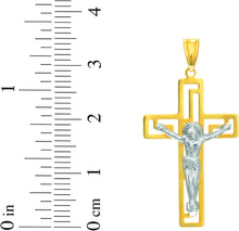 Load image into Gallery viewer, 14k Yellow Gold 1.1&quot; Greek Key Jesus Crucifix Two-Tone Cross Charm Pendant with optional Adjustable Chain Necklace
