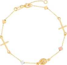 Load image into Gallery viewer, 14k Tri-Color Gold Virgin Mary, Cross &amp; Cube Charm Link Bracelet, Adjustable 7" - 7.5 Inch
