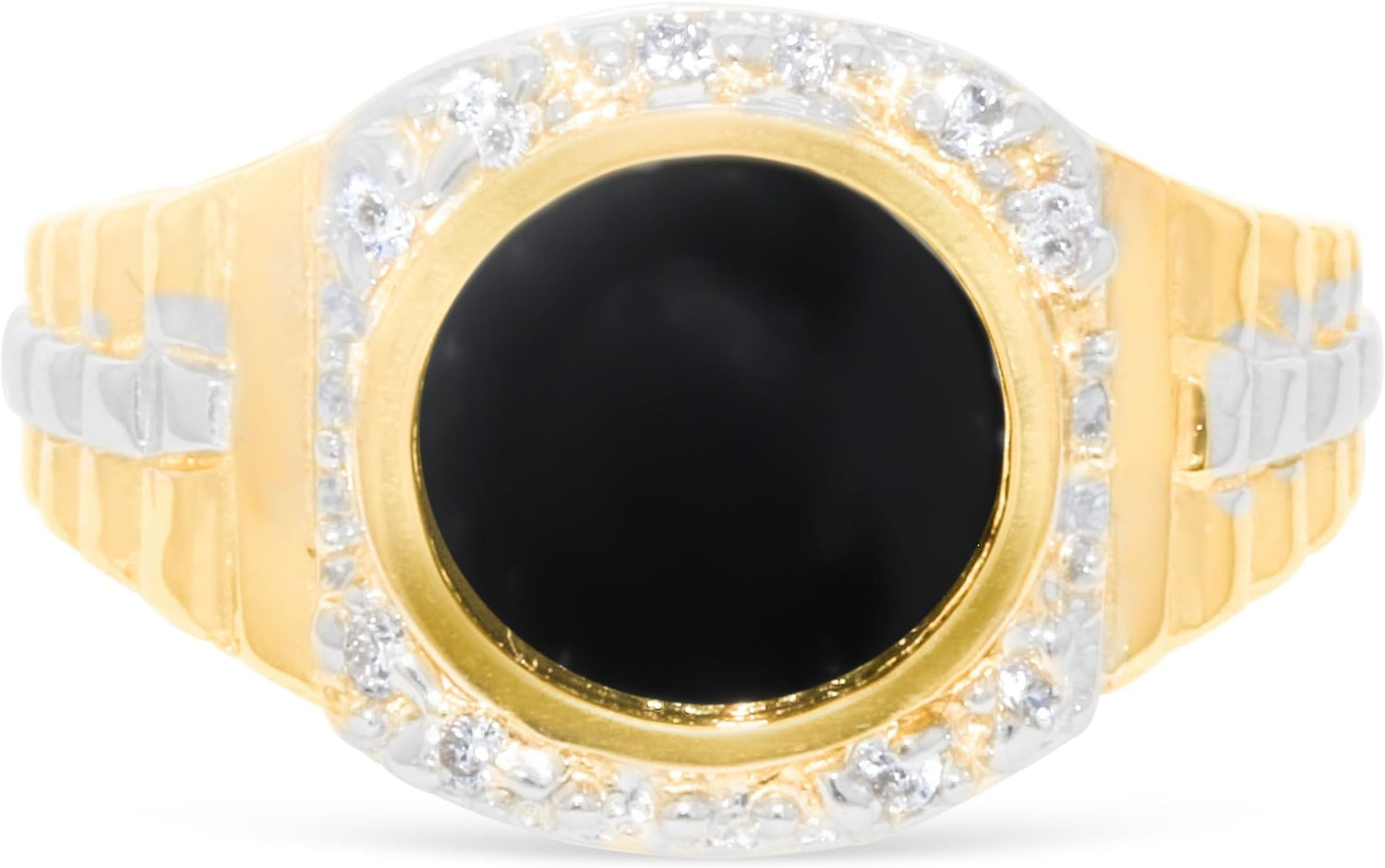 10k Yellow Gold 14mm Onyx CZ Two-Tone Railroad Ring, Sizes 5 - 13