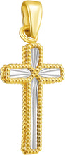 Load image into Gallery viewer, Italian 14k Two-Tone Gold 17mm Reversible Radiant Cross Religious Charm Pendant with Optional Necklace,  16-17-18 Inch
