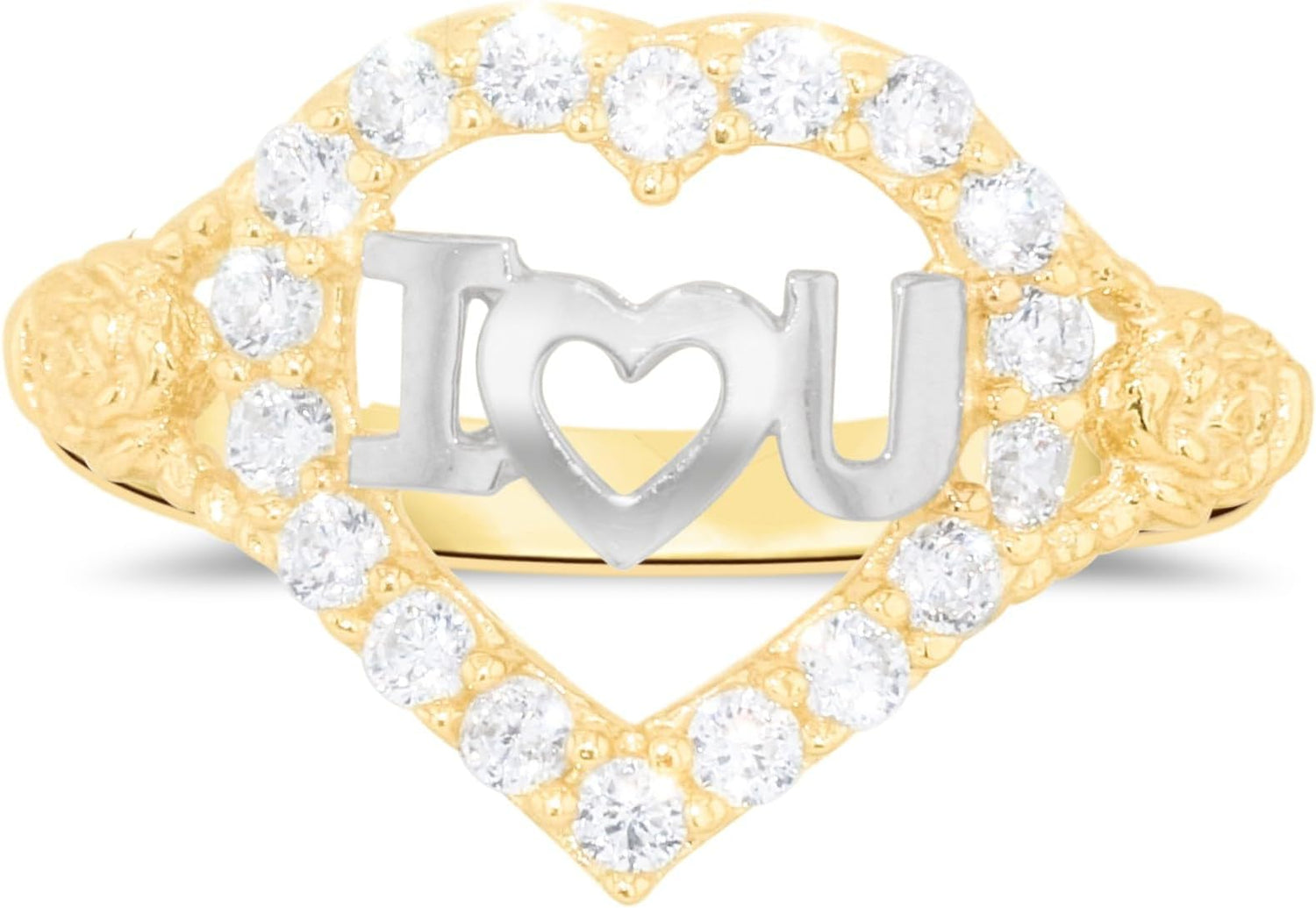 10k Yellow Gold 13mm Heart CZ Two-Tone I Love You Ring, Sizes 4 - 10