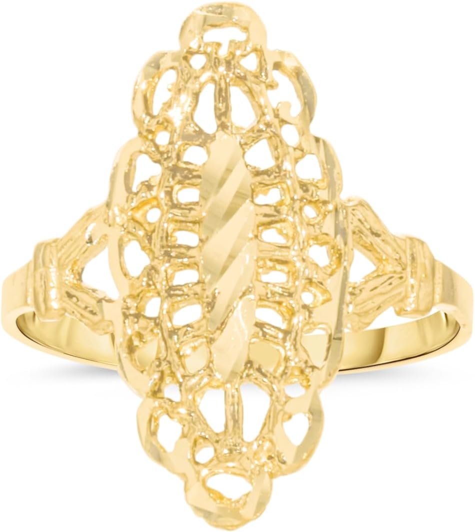 10k Yellow Gold 21.6mm Oval Diamond Cut Openwork Filigree Ring