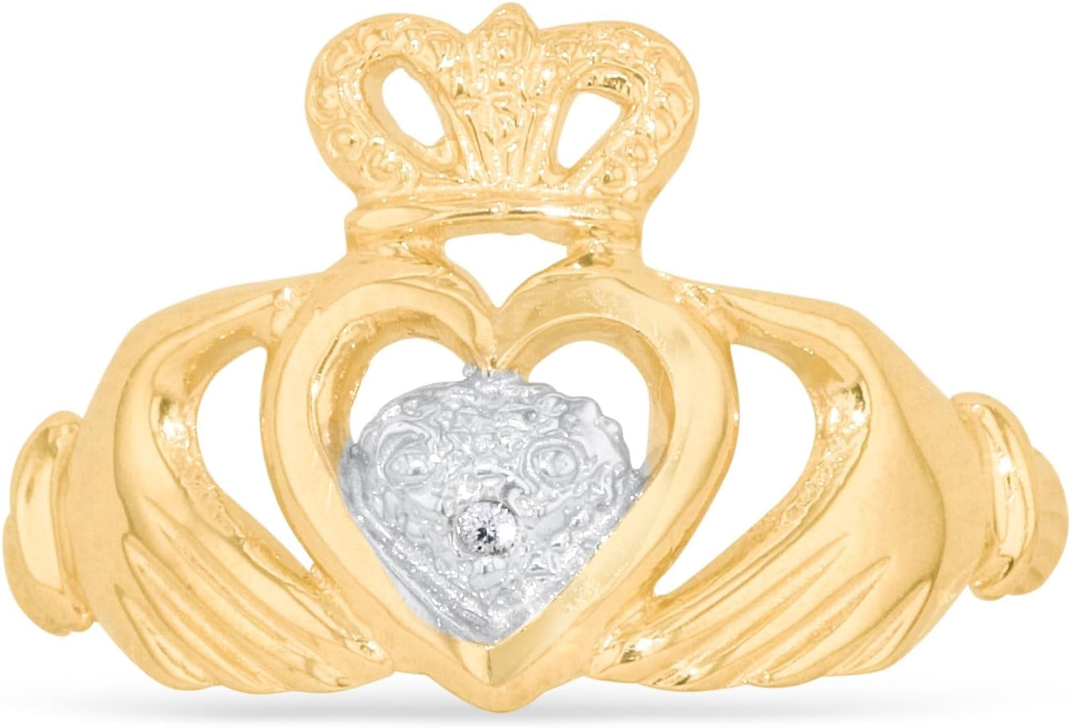 10k Yellow Gold 12.8mm Claudagh Hand with CZ Crown Heart Ring, Sizes 4-10