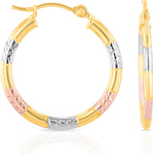 Load image into Gallery viewer, 10k Yellow Gold 19mm Diamond Cut Station Tri-Color Hoop Earrings
