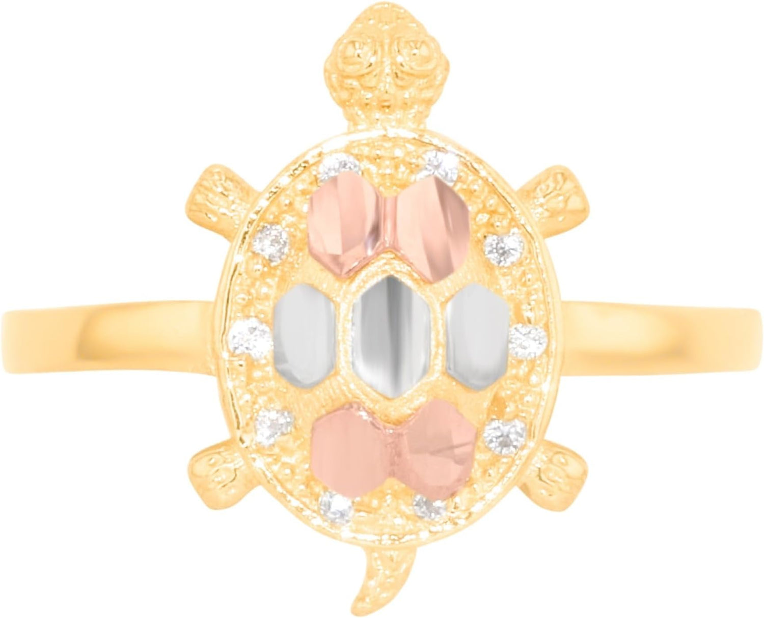 10k Yellow Gold 15mm CZ Turtle Tri-Tone Ring, Sizes 4 - 9.5