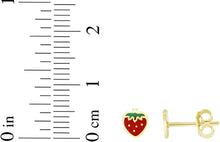 Load image into Gallery viewer, 14k Yellow Gold 6mm High Polish Red &amp; Green Strawberry Stud Earrings

