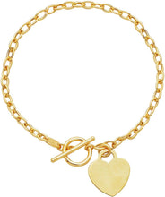 Load image into Gallery viewer, 14k Yellow Gold Custom Engraveable Heart Charm Toggle Lock 2.5mm Link Bracelet, 7.5 Inch
