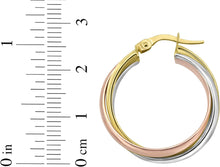 Load image into Gallery viewer, 14k Yellow Gold 20mm x 9mm or 25.8mm x 8mm Trinity Woven Hoop Tri-Color Earrings
