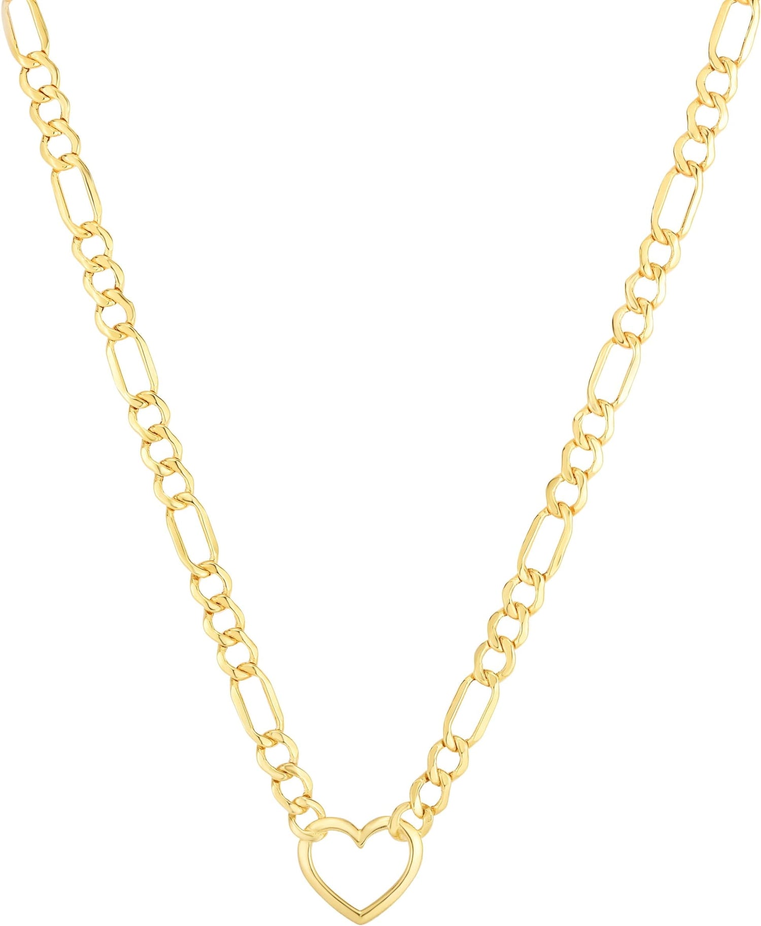 10k Yellow Gold 3.6mm Lite Figaro Chain and Heart Charm Pendant Necklace 18 Inch