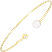 Load image into Gallery viewer, 14k Yellow Gold .035cttw Diamond and Freshwater Pearl 2mm Open Cuff Bangle Bracelet

