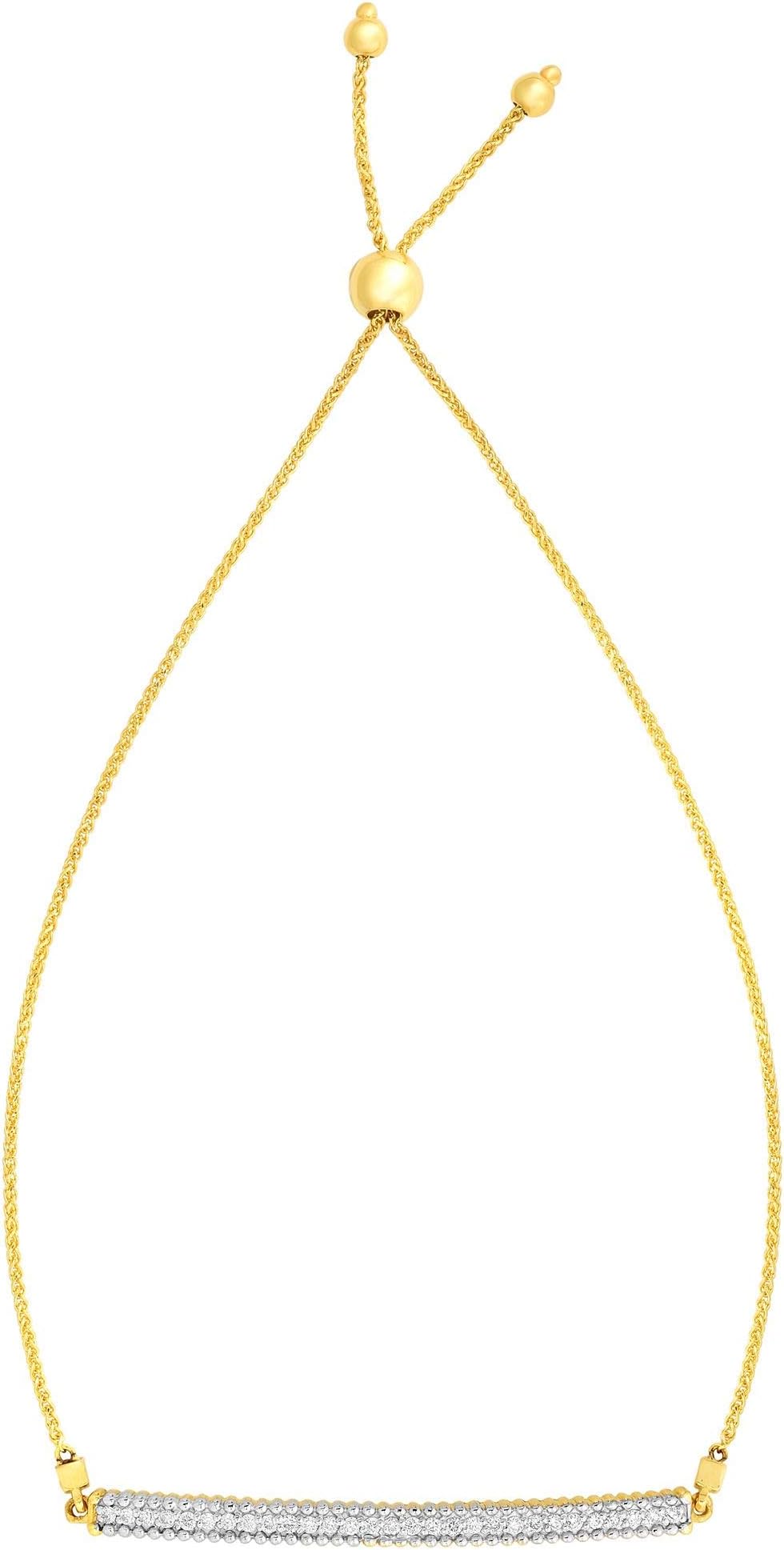 14k Yellow Gold 0.25 ct. Diamond Bar Adjustable Friendship Bolo Bracelet, Extendable 9.25 Inch
