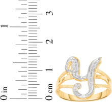 Load image into Gallery viewer, 10k Two-Tone Yellow Gold and White Gold 15mm Personalized A-Z Initial Cursive Letter Ring, Sizes 3 - 10
