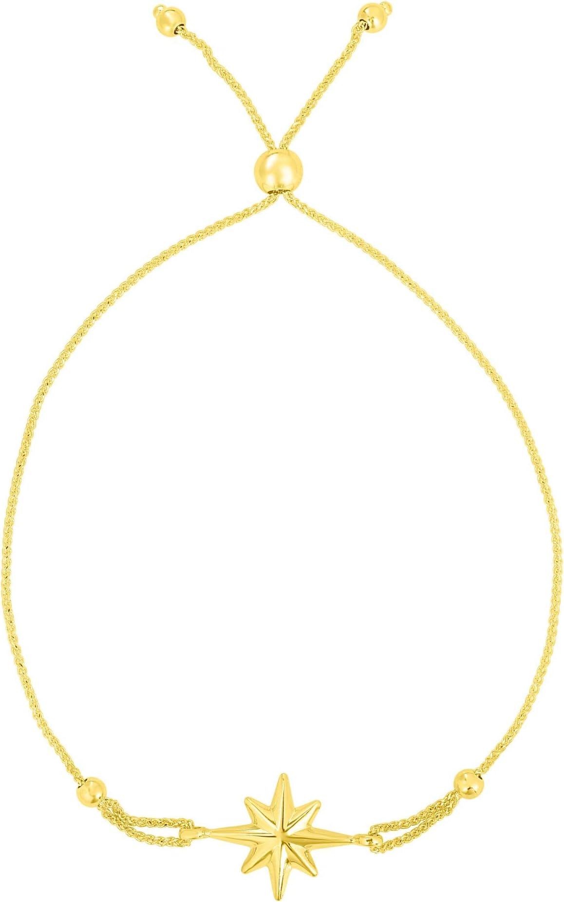 14k Yellow Gold North Star Charm Adjustable Wheat Link Friendship Bolo Bracelet, Extendable 9.25 Inch