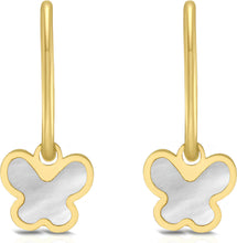 Load image into Gallery viewer, 14k Yellow Gold 19.2mm Mother of Pearl Dangle Butterfly Huggie Earrings
