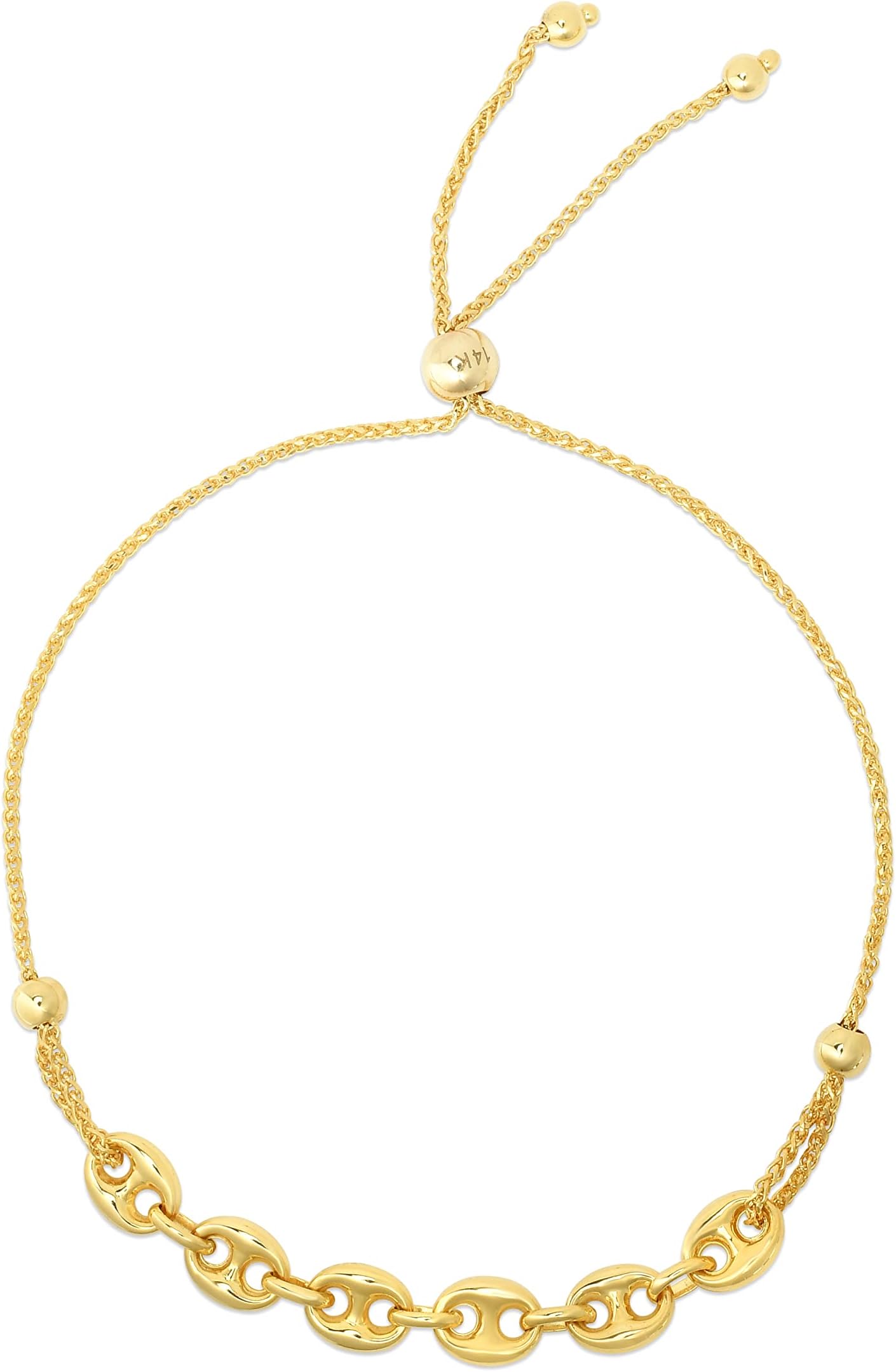 14k Yellow Gold Puff Mariner Link Adjustable Friendship Bolo Bracelet, Extendable 9.25 Inch