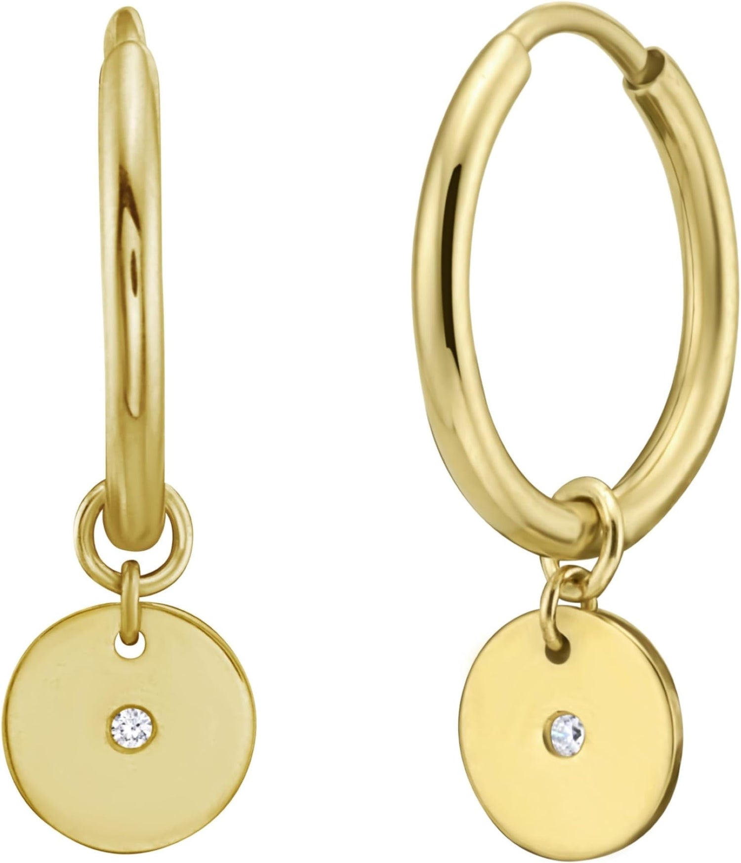14k Yellow Gold 20mm Disc Diamond Charm Hoop Gemstone Earrings