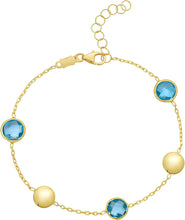 Load image into Gallery viewer, 14k Yellow Gold 6.4mm Natural Blue Topaz Gemstone Pebble Charm Bracelet, Adjustable 6.25 Inch-7.25"
