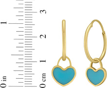 Load image into Gallery viewer, 14k Yellow Gold 22mm Dangle Heart Huggie Earrings (Turquoise, Red Coral, Mother of Pearl)
