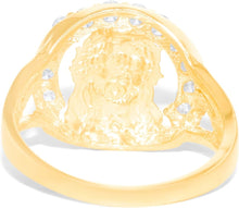 Load image into Gallery viewer, 10k Yellow Gold 17mm Two-Tone Jesus Cross Crucifix CZ Openwork Men's Ring, Sizes 5 - 13
