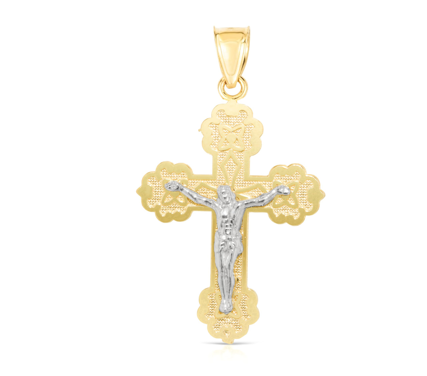 10k Yellow Gold Floral Filigree Crucifix of Jesus Cross Religious Pendant
