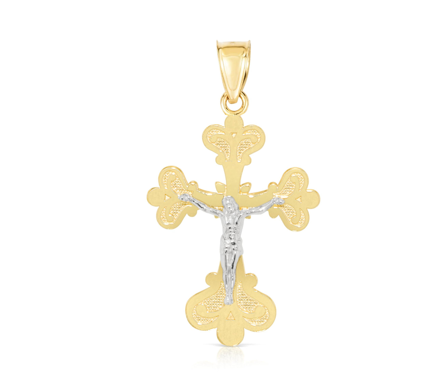 10k Yellow Gold Tri-Flower Crucifix Religious Pendant