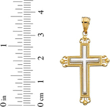 Load image into Gallery viewer, 14k Yellow Gold 1.2" Filigree Beaded Two-Tone Cross Charm Pendant with optional Adjustable Chain Necklace

